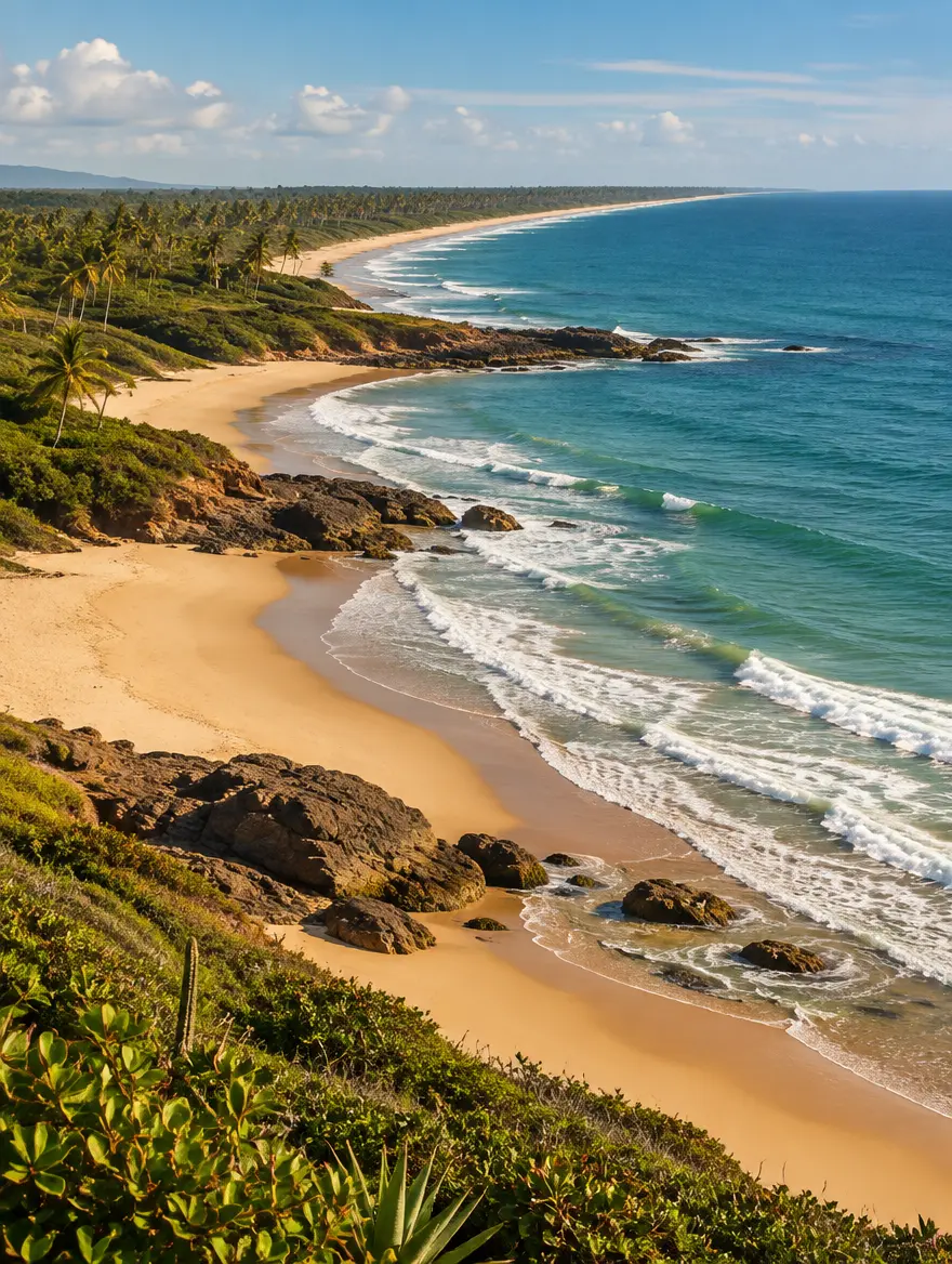 Praia vista do alto de um morro