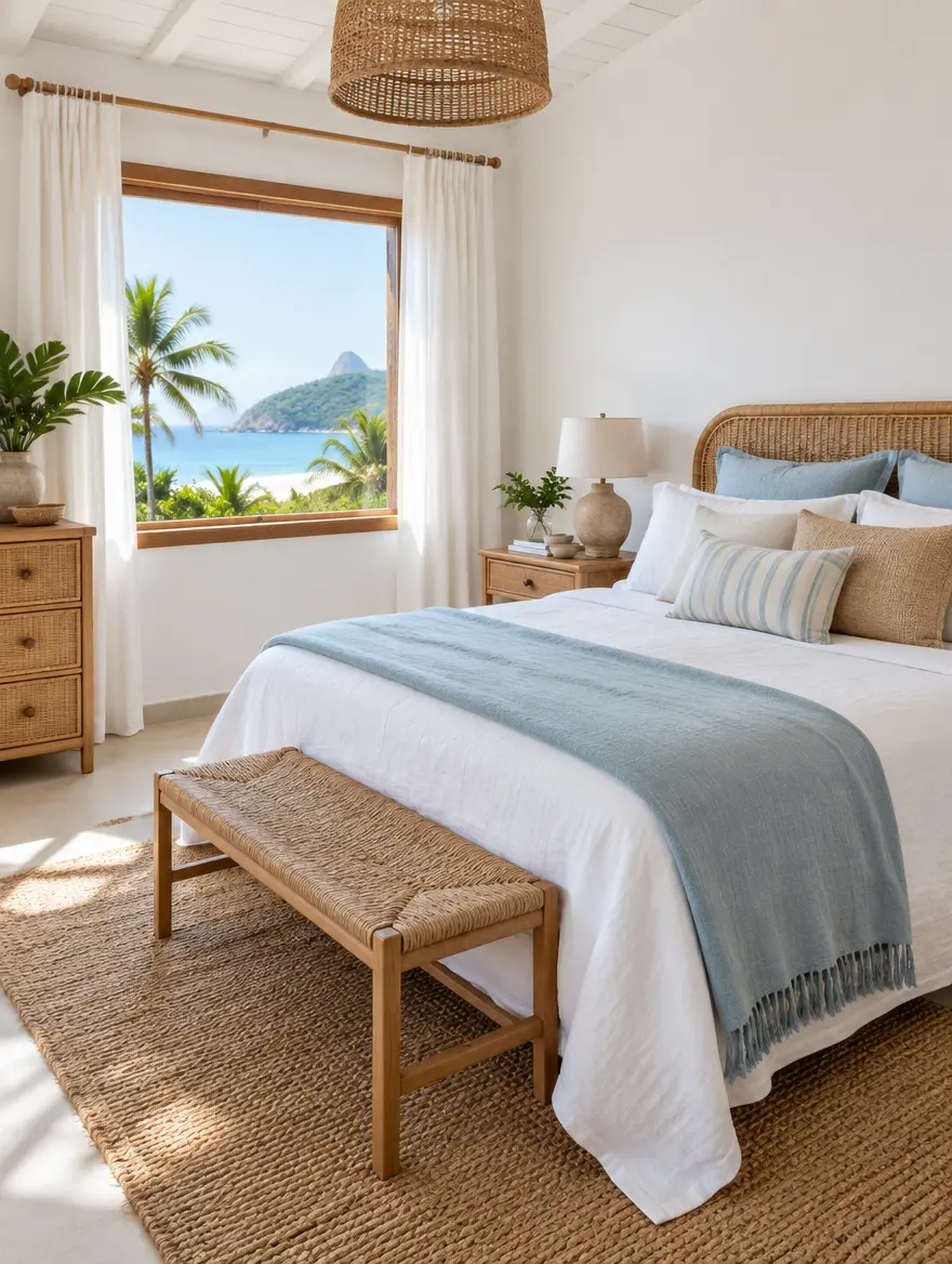 Quarto claro com decoração litorânea