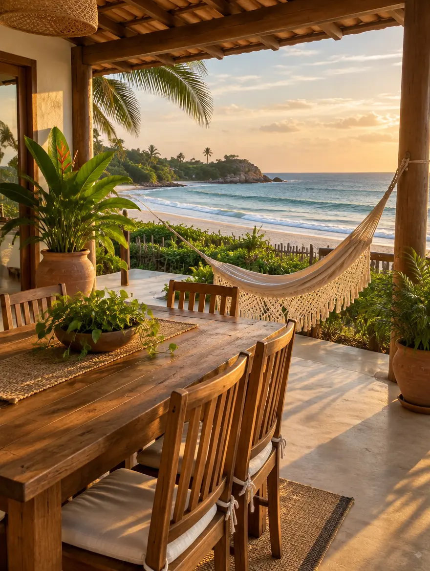 Varanda com mesa e rede diante da praia